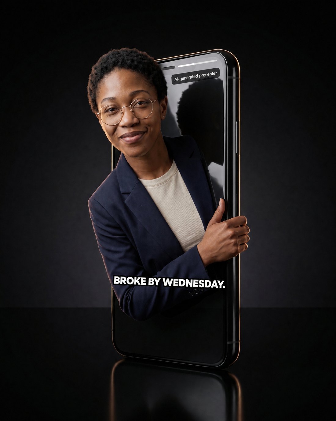 Tumi, our AI-generated presenter, leaning out of a phone showing her ad caption Broke by Wednesday